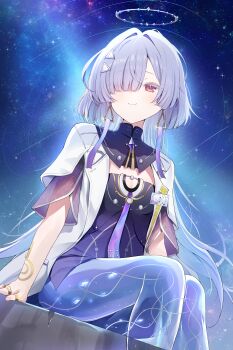  1girl absurdres breasts closed_mouth colored_eyelashes commentary dress earrings hair_intakes hair_ornament hair_over_one_eye halo highres id_card jacket jewelry mornye_(wuthering_waves) outdoors purple_dress red_eyes see-through_body sky small_breasts smile solo space star_(sky) starry_sky triangle_earrings white_jacket wuthering_waves yukinya_(yukinya777) 