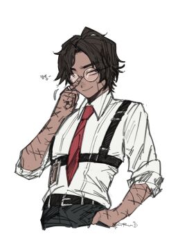  1boy adjusting_eyewear belt black_belt black_pants brown_hair chest_harness closed_mouth collared_shirt commentary_request cowboy_shot dark-skinned_female dark_skin fedoarss1ru harness heathcliff_(project_moon) highres id_card index_finger_raised jewelry korean_commentary limbus_company looking_to_the_side pants parted_bangs project_moon purple_eyes ring scar scar_on_arm scar_on_face scar_on_hand shirt simple_background smile solo wedding_ring white_background white_shirt 