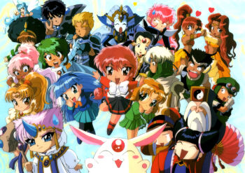  1990s_(style) alcyone_(rayearth) armlet ascot_(rayearth) asuka_(rayearth) beard blonde_hair blue_eyes blue_hair blue_hairband caldina_(rayearth) chanan chibi chibi_only clef_(rayearth) dark-skinned_female dark-skinned_male dark_skin debonair_(rayearth) eagle_vision everyone facial_hair fairy ferio_(rayearth) geo_metro_(rayearth) gold_armlet green_eyes hairband heart holding holding_staff hououji_fuu lafarga_(rayearth) lantis_(rayearth) long_beard magic_knight_rayearth mokona multiple_girls nova_(rayearth) ojou-sama_pose old old_man pointy_ears presea_(rayearth) primera_(rayearth) retro_artstyle ryuuzaki_umi san_yun_(rayearth) scar scar_on_face shidou_hikaru shitajiki siblings sisters staff tarta_(rayearth) tatra_(rayearth) v very_long_beard zazu_torque_(rayearth) 