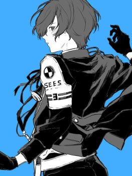  1boy armband belt black_gloves black_jacket black_pants blue_background commentary earphones_removed from_behind from_side gekkoukan_high_school_uniform gloves greyscale_with_colored_background hand_up highres jacket male_focus pants parted_lips persona persona_3 persona_3_reload profile s.e.e.s sayoito_sub school_uniform short_hair solo symbol-only_commentary upper_body yuuki_makoto_(persona_3) 