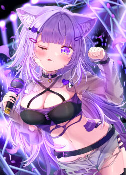  1girl absurdres ahoge animal_ear_fluff animal_ears asymmetrical_legwear breasts cat_ears cat_girl cat_tail choker cleavage closed_mouth collarbone commentary_request crop_top highres holding holding_microphone hololive large_breasts long_hair looking_at_viewer microphone navel nekomata_okayu nekomata_okayu_(gyaru) o-ring o-ring_choker official_alternate_costume official_alternate_hair_length official_alternate_hairstyle one_eye_closed purple_eyes purple_hair scrunchie shiratori_(atfs8447) short_shorts shorts sitting solo stomach sweat tail tongue tongue_out torn_clothes torn_shorts uneven_legwear very_long_hair virtual_youtuber wariza white_shorts 