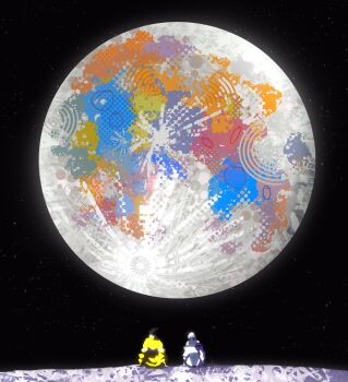  1boy 1girl artemis_ii artemis_program commentary crescent_moon cyberpunk:_edgerunners cyberpunk_(series) david_martinez english_commentary full_moon highres jacket lainlopez lucy_(cyberpunk) moon moonlight outdoors sky space star_(sky) starry_sky yellow_jacket 