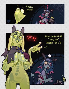  2girls absurdres bandages billy_(milkytiddyboy) blood bloody_bandages bobby_(milkytiddyboy) breasts broken_horn colored_skin comic commentary demon_girl demon_tail demon_wings drooling egg english_text grabbing_own_breast green_eyes green_skin highres horns mandy_(milkytiddyboy) milkytiddyboy monster monster_girl mouth_drool multiple_girls object_through_head open_mouth original patchwork_clothes patchwork_skin signature silk skeleton slime_girl spider_web stitches sword_in_head symbol-shaped_pupils tail transparent untranslatable_commentary wings x-shaped_pupils zolla_(milkytiddyboy) zombie 