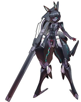  1boy absurdres advance_of_zeta ahoge arms_at_sides beam_rifle black_hair black_skin blue_eyes bulge colored_skin energy_gun erection erection_under_clothes full_body gundam hair_over_one_eye highres joints mecha_danshi mold_(pixiv6616319) robot_joints solo standing tr-6_woundwort trap weapon white_background 