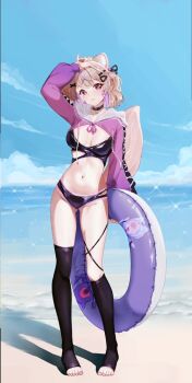  1girl animal_ear_fluff animal_ears arm_up beach bikini black_bikini blonde_hair breasts cat_ears cat_girl cat_tail collar colored_inner_hair commentary ddann english_commentary facial_mark indie_virtual_youtuber innertube looking_at_viewer medium_breasts multicolored_hair navel purple_hair red_eyes second-party_source short_hair shrug_(clothing) shyrei_faolan single_thighhigh solo swim_ring swimsuit tail thighhighs toeless_legwear virtual_youtuber whisker_markings  rating:Sensitive score:5 user:danbooru