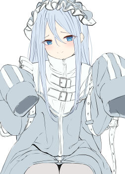  absurdres blue_eyes blush closed_mouth full-length_zipper hair_between_eyes highres long_hair looking_at_viewer maou1561 project_sekai sleeves_past_fingers sleeves_past_wrists smile very_long_hair white_background white_hair yoisaki_kanade zipper 