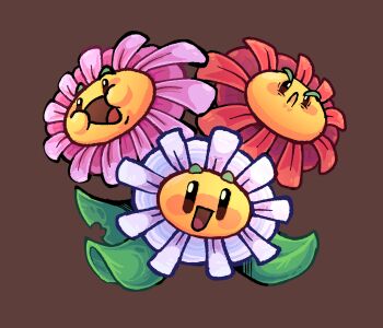  absurdres brown_background dazey_chain_(plants_vs._zombies) flower highres kinomotoroka leaf no_humans open_mouth pink_flower plants_vs._zombies red_flower simple_background white_flower  rating:General score:1 user:danbooru