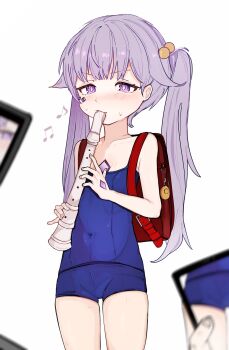  1girl backpack bag cellphone collarbone commentary covered_navel crime_prevention_buzzer english_commentary ffi1ffi1 flute gem hair_bobbles hair_ornament highres hololive hololive_english instrument koseki_bijou long_hair phone purple_eyes purple_hair randoseru recorder school_swimsuit simple_background smartphone solo sweat sweatdrop swimsuit twintails virtual_youtuber white_background 