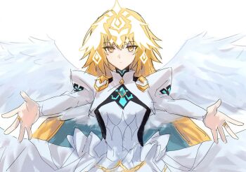  1girl angel_wings blonde_hair breasts dress fate/grand_order fate_(series) feathered_wings headpiece highres jeanne_d'arc_(fate) juliet_sleeves long_hair long_sleeves looking_at_viewer medium_breasts metatron_jeanne_(fate) metatron_jeanne_(third_ascension)_(fate) multiple_wings nekwnek outstretched_arms puffy_sleeves solo very_long_hair white_dress wings yellow_eyes 