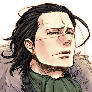  1boy ascot black_hair coat commentary crocodile_(one_piece) earrings fur_trim hair_slicked_back jewelry looking_at_viewer male_focus murasaki_(crowcherry) one_piece scar scar_on_face short_hair simple_background solo stitched_face stitches white_background 