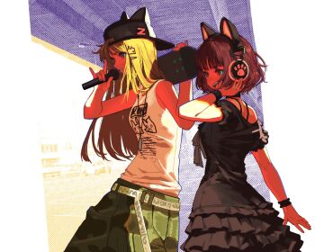  2girls \m/ animal_ears backwards_hat bare_shoulders baseball_cap belt black_dress black_hat blonde_hair blue_eyes bracelet brown_hair camouflage camouflage_pants cowboy_shot dog_ears dog_girl dress green_pants hand_on_headphones hand_up hands_up hashtag-only_commentary hat headphones highres holding holding_boombox holding_microphone jewelry kmnz lita_(kmnz) liz_(kmnz) long_hair microphone multiple_girls music necklace open_mouth pants purple_eyes shirt short_hair singing sleeveless sleeveless_shirt smile standing tank_top virtual_youtuber white_belt white_shirt yang_yu_sanjiao 