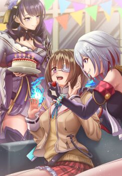  3girls armchair birthday birthday_cake black_gloves blue_ribbon blunt_bangs blurry blurry_background blush braid braided_ponytail breasts brown_hair cake chair cleavage closed_mouth colored_inner_hair commentary commission cowboy_shot crossover elbow_gloves eyepatch feeding food frilled_skirt frills fruit genshin_impact gloves grey_hair grin hair_between_eyes hair_ornament hand_on_another's_shoulder hands_up heaven_burns_red highres hiiragi_kozue hitodama holding holding_cake holding_food holding_fruit honkai:_star_rail honkai_(series) indoors jacket kepekki_kanojo large_breasts long_hair long_sleeves looking_at_another medical_eyepatch medium_breasts medium_hair miniskirt mole mole_under_eye multicolored_hair multiple_crossover multiple_girls neck_ribbon one_eye_covered open_clothes open_jacket open_mouth pixiv_commission plaid_clothes plaid_skirt pleated_skirt profile purple_eyes raiden_shogun red_hair red_ribbon red_skirt ribbon sitting skirt smile split_mouth standing strawberry tassel tassel_hair_ornament teeth topaz_(honkai:_star_rail) two-tone_hair very_long_hair wide_sleeves yellow_jacket 