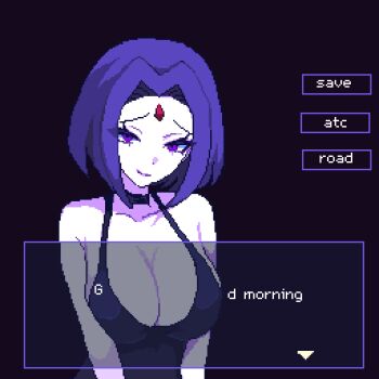  1girl black_choker black_tank_top breasts choker cleavage closed_mouth colored_skin dc_comics dialogue_box forehead_jewel good_morning hashtag-only_commentary highres large_breasts looking_at_viewer pixel_art pixelcadete purple_background purple_eyes purple_hair raised_inner_eyebrows raven_(dc) short_hair simple_background smile solo tank_top teen_titans upper_body white_skin 