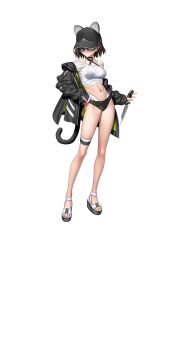  animal_hat bikini bikini_under_clothes black_bikini black_hair black_hat black_jacket cat_hat cat_tail crop_top dagger fate/grand_order fate_(series) full_body game_cg hand_on_own_hip hat highres holding holding_dagger holding_knife holding_weapon jacket knife long_sleeves looking_at_viewer midriff navel official_art ryougi_shiki ryougi_shiki_(swimsuit_mooncancer)_(first_ascension) sandals shirt shoes short_hair solo sunglasses swimsuit tachi-e tail takeuchi_takashi thigh_strap third-party_source transparent_background weapon white_shirt white_shoes 