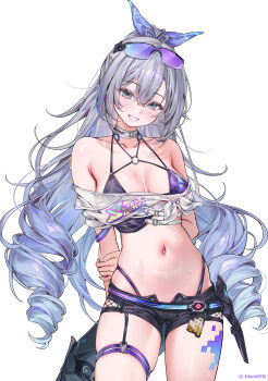  1girl adapted_costume arm_behind_back armpit_crease bare_shoulders bikini black_shorts blue_ribbon blush breasts cleavage collarbone commentary crop_top goggles goggles_on_head gradient_hair grey_eyes grey_hair grin hair_between_eyes hair_ribbon hand_on_own_arm highres honkai:_star_rail honkai_(series) long_hair looking_at_viewer machi_(machi0910) mechanical_tail medium_breasts micro_shorts multicolored_hair navel open_fly panty_straps purple-tinted_eyewear purple_bikini ribbon shirt shorts silver_wolf_(honkai:_star_rail) silver_wolf_(lv.999)_(honkai:_star_rail) simple_background smile solo stomach streaked_hair sweat swimsuit tail thighs tied_shirt tinted_eyewear twitter_username wet white_background white_shirt 