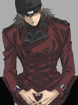  1boy aakaaka78910 aragaki_shinjirou beanie black_hat black_pants closed_mouth coat grey_background grey_hair hair_between_eyes hat highres long_hair long_sleeves looking_to_the_side male_focus pants persona persona_3 red_coat simple_background solo spread_legs 