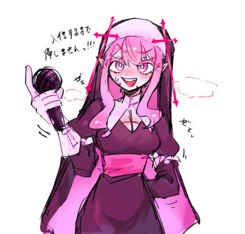  1girl :d arm_behind_back belt blush breasts bright_pupils brown_dress brown_veil colored_eyelashes commentary_request covered_groin cowboy_shot cross_hat_ornament cxolzayti1bx36l detached_collar double-parted_bangs dress facing_viewer fang friday_night_funkin' frilled_sleeves frills gloves hat heavy_breathing highres holding holding_microphone humanization index_finger_raised layered_sleeves long_sleeves looking_ahead medium_breasts microphone nose_blush nun nun_headdress open_mouth pencil_dress pink_belt pink_eyes pink_hair pink_veil pointy_ears puffy_short_sleeves puffy_sleeves sarvente_(friday_night_funkin') short_hair_with_long_locks short_over_long_sleeves short_sleeves sidelocks simple_background sketch sleeve_cuffs smile solo standing sweat tareme teeth tongue translation_request two-sided_veil upper_teeth_only v-shaped_eyebrows veil white_background white_gloves white_pupils 