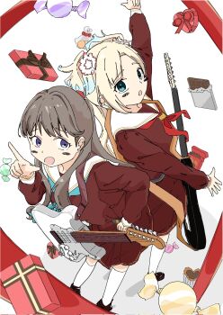  2girls aqua_neckerchief blonde_hair blue_eyes box brown_dress brown_hair candy chocolate chocolate_bar commentary_request dress electric_guitar flower food fujishima_megumi full_body gift gift_box guitar hair_flower hair_ornament hasu_no_sora_school_uniform heart-shaped_box highres instrument leaning_forward link!_like!_love_live! long_hair long_sleeves love_live! medium_dress mira-cra_park! multiple_girls neckerchief osawa_rurino parted_bangs pink_flower pleated_dress pocky purple_eyes red_neckerchief sailor_collar sailor_dress school_uniform sugaryu_(su37347929d) twintails virtual_youtuber white_sailor_collar winter_uniform wrapped_candy 