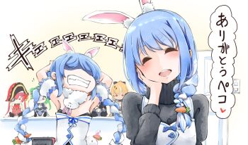 6+girls animal_ears apron armpits arms_up bedroom black_sweater braid can't_choose_your_own_family character_doll clenched_teeth closed_eyes doll don-chan_(usada_pekora) door embarrassed facing_viewer hair_over_shoulder hand_on_own_cheek hand_on_own_face highres hololive hololive_fantasy houshou_marine indoors kuuneru514 long_hair mantelpiece mature_female mother_and_daughter multiple_girls pekomama pekomon_(usada_pekora) rabbit_ears rabbit_girl shaded_face shelf shiranui_flare shirogane_noel smile sweater teeth translated turtleneck turtleneck_sweater twin_braids uruha_rushia usada_pekora usada_pekora_(1st_costume) very_long_hair virtual_youtuber wince