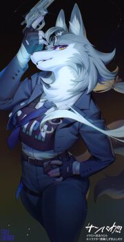 1girl absurdres animal_ears artist_name blue_jacket blue_necktie blue_pants body_fur buttons collared_shirt commentary_request copyright_name cropped_jacket eyelashes fingerless_gloves furry furry_female gloves gradient_background grey_fur grey_hair gun hand_on_own_hip handgun head_tilt highres holding holding_gun holding_weapon inuki_(aruurara) jacket lapels long_hair low-tied_long_hair multicolored_fur necktie notched_lapels open_clothes open_jacket pants parted_lips police police_uniform policewoman revolver sanbaka!!! second-party_source shirt shirt_tucked_in sideways_glance solo tail tight_clothes tight_pants trigger_discipline vateus_gagaca weapon white_fur wolf_ears wolf_girl wolf_tail