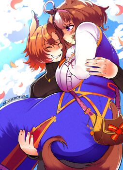  2girls ^_^ ahoge animal_ear_piercing animal_ears artist_name bag bag_bow bag_charm black_shirt blue_skirt blue_sky blue_vest blush bow breasts brown_bag brown_hair carrot carrying charm_(object) closed_eyes closed_mouth cloud commentary cowboy_shot day diamond_necklace english_commentary gloves gold_necklace hair_between_eyes hairband hand_on_own_chest happy highres horse_ears horse_girl horse_tail huge_breasts jewelry kenziedotorg lipstick long_skirt long_sleeves looking_at_another makeup meisho_doto_(turbulent_blue)_(umamusume) meisho_doto_(umamusume) multicolored_hair multiple_girls necklace orange_hair outdoors petals pink_hairband pink_lips pointy_nose princess_carry purple_eyes red_bow shirt short_hair shoulder_bag single_stripe skirt sky sleeves_past_wrists smile streaked_hair striped_bow t.m._opera_o_(umamusume) tail turtleneck turtleneck_shirt umamusume vest wax_seal white_gloves white_shirt yuri 