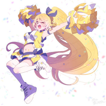  1girl ;d arms_up bare_shoulders black_ribbon blonde_hair blush breasts cheerleader clothes_writing commentary_request crop_top cropped_shirt full_body hair_ribbon highres holding holding_pom_poms large_breasts long_hair looking_at_viewer magia_record:_mahou_shoujo_madoka_magica_gaiden mahou_shoujo_madoka_magica midriff miniskirt navel one_eye_closed open_mouth pom_pom_(cheerleading) pom_poms ponytail red_eyes ribbon serizawa_serizane shirt shoes simple_background skirt sleeveless sleeveless_shirt smile sneakers solo thighhighs togame_momoko twitter_username white_background white_shoes white_thighhighs yellow_shirt yellow_skirt zettai_ryouiki 