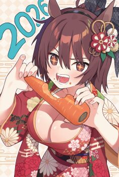  +_+ 1girl 2026 animal_ears argyle_background black_hairband blush breasts brown_background brown_eyes brown_hair carrot chinese_zodiac cleavage commentary_request eating egasumi floral_print food food_on_face furisode hairband hands_up highres holding holding_food horse_ears japanese_clothes kimono large_breasts long_sleeves nail_polish nirareba obi open_mouth original pink_nails ponytail print_kimono red_kimono sash solo wide_sleeves year_of_the_horse 