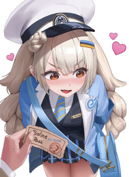  1boy 1girl absurdres averting_eyes black_vest blue_jacket blue_necktie blush braid brown_eyes commander_(nikke) commentary_request goddess_of_victory:_nikke grey_hair hat heart highres holding holding_ticket jacket long_hair necktie official_alternate_costume official_alternate_hairstyle open_clothes open_jacket pov pov_hands sanakk skirt soline_(frost_ticket)_(nikke) soline_(nikke) thighs ticket twin_braids very_long_hair vest wavy_mouth white_background white_hat 