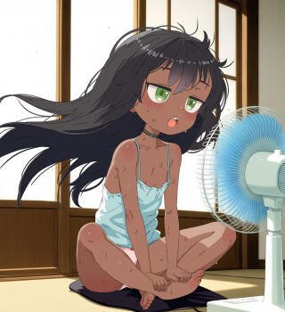  1girl absurdres barefoot black_hair commission dark-skinned_female dark_skin electric_fan green_eyes highres leims_(urje8584) loli long_hair original panties sitting solo sweat underwear 