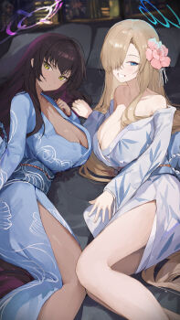 2girls absurdres alternate_costume asuna_(blue_archive) bare_legs blue_archive blue_halo blue_kimono breasts cleavage commentary_request dark-skinned_female dark_skin feet_out_of_frame flower hair_flower hair_ornament hair_over_one_eye halo highres indoors japanese_clothes jianjia karin_(blue_archive) kimono large_breasts long_hair looking_at_viewer lying multiple_girls off_shoulder on_bed on_side one_eye_covered print_kimono purple_halo short_kimono straight_hair take_your_pick very_long_hair wide_sleeves yukata 