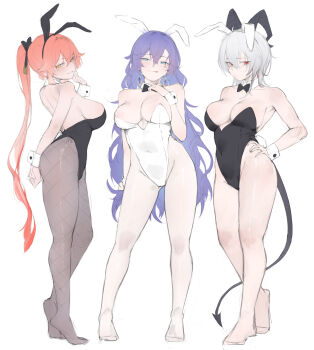 3girls absurdres alternate_costume animal_ear_hairband animal_ears black_bow black_bowtie black_hairband black_leotard blue_hair blush bow bowtie breasts cantarella_(wuthering_waves) changli_(wuthering_waves) demon_horns demon_tail detached_collar fake_animal_ears full_body green_eyes grey_pantyhose groin hair_between_eyes hairband highres horns leotard licking_lips long_hair looking_at_viewer medium_breasts multiple_girls orange_hair pantyhose parted_lips playboy_bunny ponytail rabbit_ear_hairband rabbit_ears rabbit_tail red_eyes short_hair sideboob sketch standing strapless strapless_leotard tail tongue tongue_out very_long_hair white_hair white_hairband wrist_cuffs wuthering_waves xaea_xp zani_(wuthering_waves) rating:Sensitive score:120 user:danbooru