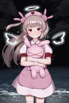  1girl absurdres apron armband bandaged_wrist bandages beach blonde_hair blush commentary grin hair_ornament halo hashtag-only_commentary hat heart heart_print highres long_hair looking_at_viewer natori_sana natori_sana_(nurse) night nurse_cap okaki8130 outdoors pink_apron pink_hat rabbit_hair_ornament red_armband red_eyes sana_channel short_sleeves smile solo stuffed_animal stuffed_toy thighhighs virtual_youtuber white_thighhighs wings 