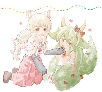  absurdres alternate_universe animal_ears arm_ribbon baggy_pants boots bow breasts brown_boots chinese_commentary claws collared_shirt colored_eyelashes commentary_request dot_nose ex-keine extra_eyes fang flower fujiwara_no_mokou fur-trimmed_boots fur-trimmed_sleeves fur_trim green_tail hair_bow hand_on_another's_chin highres horn_bow horn_ornament horns kamishirasawa_keine kneeling light_blush long_hair looking_at_another looking_to_the_side made_in_abyss mechanical_arms miaoliang01075 monsterification multi-tied_hair multiple_hair_bows ofuda ofuda_on_clothes open_mouth pants pink_flower pocket pointy_ears red_bow red_eyes red_pants ribbon ribbon-trimmed_bow ribbon_trim sharp_teeth shirt short_sleeves small_breasts smile suspenders tail teeth topless_female torn_bow touhou upper_teeth_only very_long_hair white_background white_bow white_hair white_shirt yellow_horns yuri 