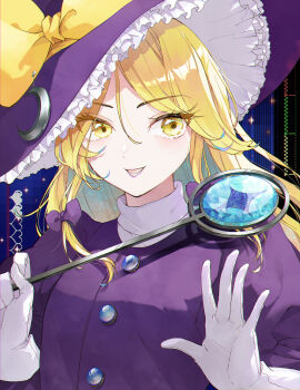  1girl blonde_hair bow commentary_request crescent crescent_hat_ornament dress gloves hair_bow hat hat_bow hat_ornament highres holding holding_wand kirisame_marisa kirisame_marisa_(pc-98) konruri_blue long_hair looking_at_viewer open_mouth purple_bow purple_dress purple_hat smile solo touhou wand white_gloves witch_hat yellow_bow yellow_eyes 