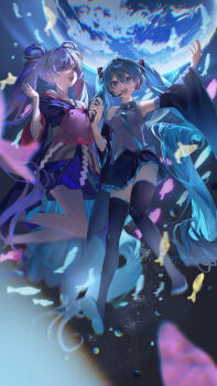  2girls absurdres aqua_eyes aqua_hair aqua_necktie aqua_trim armpits bare_shoulders black_skirt black_sleeves cho_kaguya-hime! collarbone collared_shirt commentary detached_sleeves english_commentary full_body grey_hair grey_shirt hair_between_eyes hair_ornament hair_rings hatsune_miku headset highres holding holding_microphone japanese_clothes kimono long_hair long_sleeves looking_at_viewer microphone miniskirt multiple_girls necktie octopus purple_kimono pye_yyy runami_yachiyo shirt skirt sleeveless sleeveless_shirt smile twintails very_long_hair vocaloid wide_sleeves 