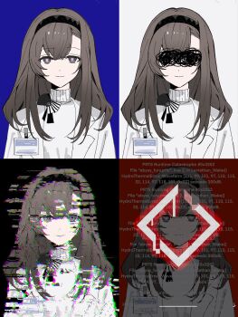  4girls arknights bigrabbitcookie black_background black_hairband blue_background breasts brown_hair censored censored_identity coat commentary error_message glitch hairband hashtag-only_commentary highres id_card medium_breasts multiple_girls multiple_views priestess_(arknights) prts_logo_(arknights) purple_eyes red_background shirt simple_background straight-on upper_body white_background white_coat white_shirt 