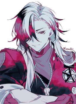  1boy boothill_(honkai:_star_rail) closed_mouth commentary_request cyborg earrings facial_mark hair_over_one_eye highres honkai:_star_rail honkai_(series) jacket jewelry liexxx9xi looking_to_the_side male_focus multicolored_hair one_eye_covered parted_bangs piercing shell_casing sheriff_badge sideways_glance simple_background solo twitter_username unzipped upper_body white_background zipper zipper_pull_tab 