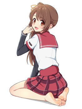  1girl :d barefoot black_sleeves brown_eyes brown_hair commentary feet from_behind hair_ribbon highres jewelry kamihama_university_affiliated_school_uniform layered_sleeves light_blush long_hair long_sleeves looking_at_viewer looking_back magia_record:_mahou_shoujo_madoka_magica_gaiden mahou_shoujo_madoka_magica miniskirt notify_lev open_mouth plaid_clothes plaid_skirt pleated_skirt red_sailor_collar red_skirt ribbon ring sailor_collar school_uniform serafuku shirt short_over_long_sleeves short_sleeves simple_background sitting skirt smile soles solo wariza white_background white_shirt yellow_ribbon yui_tsuruno 