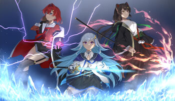  3girls absurdres alternate_costume ange_katrina animal_ears black_coat black_gloves black_shorts black_skirt blue_background blue_eyes blue_hair book brown_hair casting_spell closed_mouth coat collared_shirt colored_inner_hair commentary_request crossed_bangs dog_ears dog_girl electricity fantasy fire garter_straps gloves glowing glowing_sword glowing_weapon grey_thighhighs grin group_picture hair_between_eyes hair_intakes hair_ornament heterochromia highres holding holding_book holding_polearm holding_sword holding_weapon hood hood_down hooded_coat ice inui_toko layered_sleeves lize_helesta long_hair long_skirt long_sleeves low_ponytail magic medium_hair mikaze_raika miniskirt multicolored_hair multiple_girls naginata necktie nijisanji open_clothes open_coat parted_lips pleated_skirt polearm ponytail purple_eyes red_coat red_eyes red_hair red_necktie red_shirt sanbaka_(nijisanji) shirt short_over_long_sleeves short_sleeves shorts single_off_shoulder skirt smile streaked_hair swept_hilt sword thighhighs two-sided_coat two-sided_fabric two-tone_hair very_long_hair virtual_youtuber weapon white_gloves white_hair white_shirt yellow_eyes 