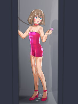  1girl bad_end bare_arms bare_shoulders bdsm blue_eyes blush breasts brown_hair collar collarbone condom condom_wrapper cum cum_on_body cum_on_clothes cum_on_hair cumdrip doorway dress facial full_body high_heels holding holding_condom leash makeup may_(pokemon) medium_hair nintendo open_mouth pink_dress pokemon pokemon_rse prostitution raitaroo sex_slave shoes short_dress slave small_breasts solo standing strapless strapless_dress 