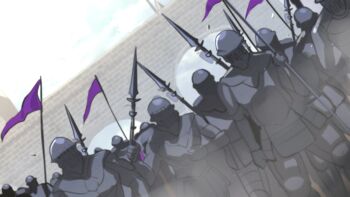  364ing 6+others absurdres armor bridge chromashift cloud commentary commission dutch_angle english_commentary flag full_armor highres holding holding_flag holding_polearm holding_weapon multiple_others outdoors polearm second-party_source sky spear weapon 