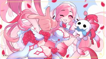  alternate_costume ami_(gwain_saga) angelica_(k3lly) animal animal_ears arrow_(projectile) artist_name blue_tongue blush bow bow_choker breasts choker cleavage colored_tongue fake_animal_ears flower gwain_saga hair_over_one_eye holding holding_animal large_breasts leotard long_hair looking_at_viewer multicolored_leotard noobe_(gwain_saga) one_eye_closed petals pink_eyes pink_hair pink_leotard pointing pointing_at_viewer ribbon rose skindentation solid_circle_eyes thighhighs tongue tongue_out two-tone_leotard valentine very_long_hair white_leotard white_thighhighs 