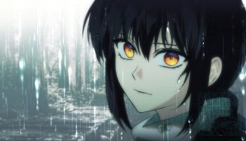  1other black_hair braid commentary easel_(dam0628) expressionless fate/samurai_remnant fate_(series) hair_between_eyes highres looking_at_viewer rain sidelocks solo upper_body wet yamato_takeru_(fate) yellow_eyes 