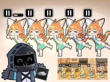  >_< 1other 5girls ^_^ absurdres ahoge animal_ear_fluff animal_ears arknights black_gloves black_jacket brown_background cat_ears cat_girl cat_tail chibi closed_eyes closed_mouth commentary_request doctor_(arknights) dress game_screenshot_inset gameplay_mechanics gloves green_dress highres hood hood_up hooded_jacket jacket long_hair multiple_girls open_mouth orange_hair outstretched_arms papyrus_(arknights) sandals screenshot_inset short_sleeves smile standing standing_on_one_leg striped_clothes striped_dress tail th3cr0ma user_interface vertical-striped_clothes vertical-striped_dress wavy_mouth white_jacket white_sandals 