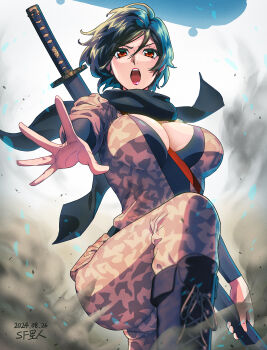  1girl absurdres black_hair black_scarf boots breasts cleavage commentary_request dated highres katana knee_up large_breasts looking_at_viewer open_mouth red_eyes remembrance_of_earth's_past saran_wrap_(sf_seijin) scarf short_hair smoke solo sophon sword sword_on_back weapon weapon_on_back 