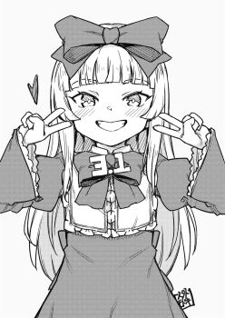 1girl 3.1-tan blunt_bangs blush bow bowtie commentary_request double_v dress frills greyscale grin hair_bow hands_up highres jingai_modoki long_hair long_sleeves looking_at_viewer monochrome os-tan puffy_long_sleeves puffy_sleeves seal_impression simple_background smile solo upper_body v very_long_hair white_background wide_sleeves 