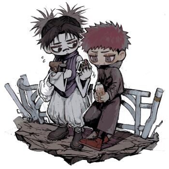  2boys black_eyes black_hair black_pants black_shoes bottle brothers choso_(jujutsu_kaisen) fence flying_sweatdrops highres holding holding_bottle itadori_yuuji jujutsu_kaisen looking_at_another male_focus multiple_boys neg_50asu open_mouth pants puffy_pants red_eyes red_hair red_shoes ringed_eyes scar scar_on_face sharing_food shoes short_hair siblings white_background white_pants wide_sleeves 