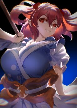  1girl absurdres black_background blueray breasts cleavage coin commentary_request highres huge_breasts looking_at_viewer obi onozuka_komachi red_eyes red_hair sash short_hair smile solo touhou two_side_up u_u_zan_(style)  rating:Sensitive score:4 user:azezizozuz