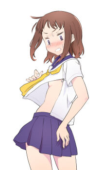  1girl ahoge blush breasts embarrassed highres school_uniform serafuku short_hair sideboob skirt small_breasts solo sweatdrop  rating:Sensitive score:2 user:Haruki1995