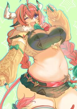  1girl ;d ahoge animal_ears arm_up bandaid bandaid_on_horn bandaid_on_leg belly braid breasts commentary cow_ears cow_girl cow_horns cow_tail cowboy_shot crop_top detached_sleeves english_commentary framed_breasts genshin_impact green_hair green_streaks hair_between_eyes hair_intakes heart heart_in_mouth highres horns kiegenshin long_hair microskirt multicolored_hair navel one_eye_closed open_mouth outstretched_arm pink_hair pink_tail pleated_skirt purple_eyes single_thighhigh skirt smile solo stomach streaked_hair tail thighhighs thighs twin_braids two-tone_hair varesa_(genshin_impact) very_long_hair white_horns yellow_sleeves 
